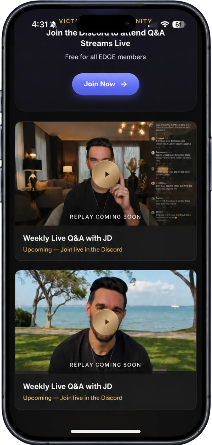 EDGE app weekly live video group Q&A call screen with JD