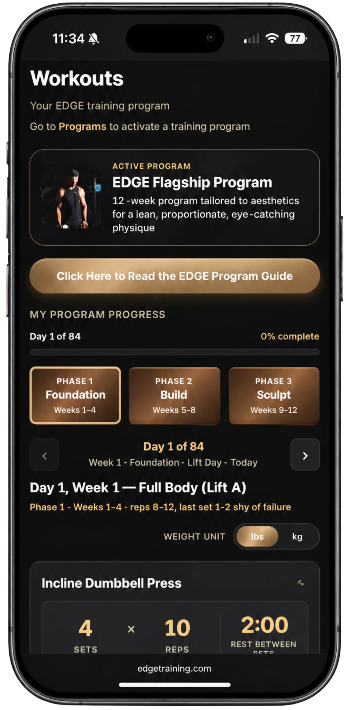 EDGE app workouts screen showing the active training program and daily protocol