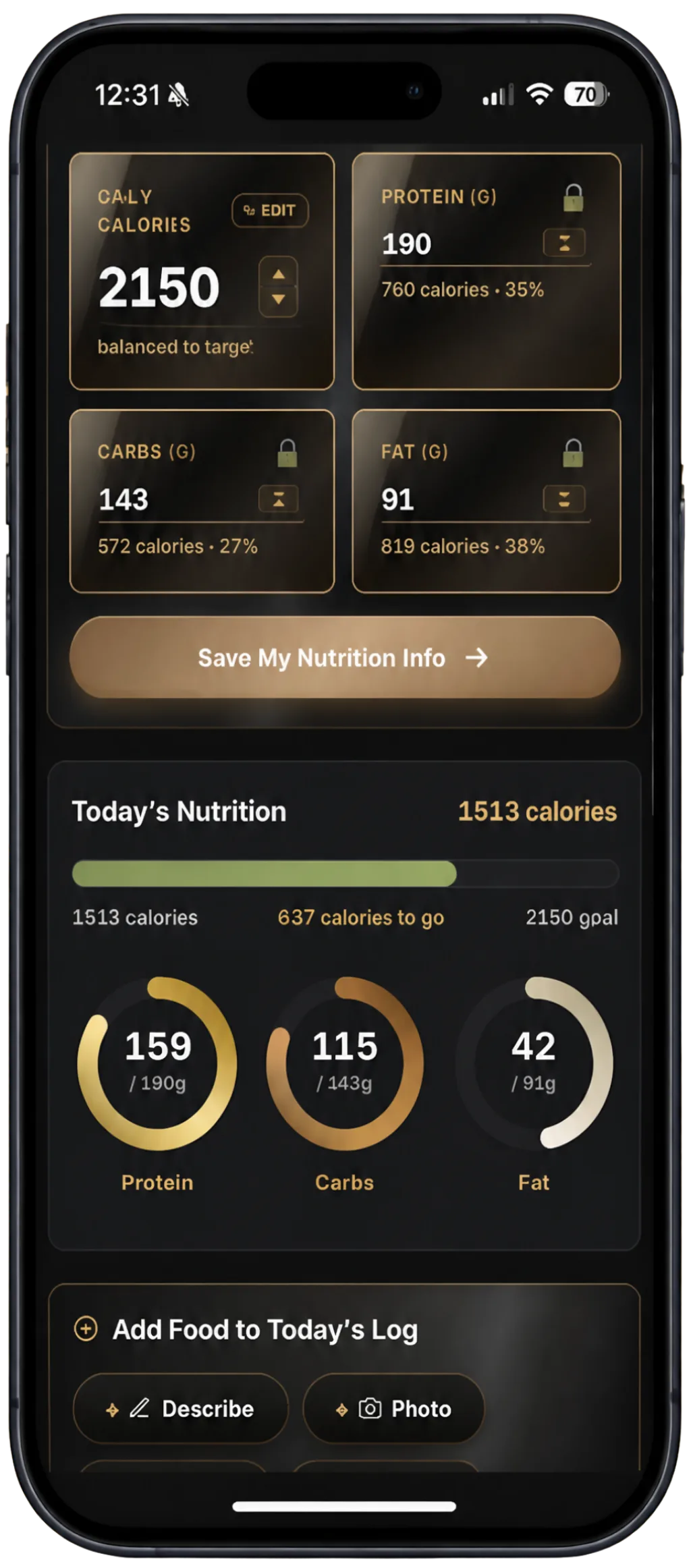 EDGE app nutrition screen showing calorie and macro targets with daily tracking